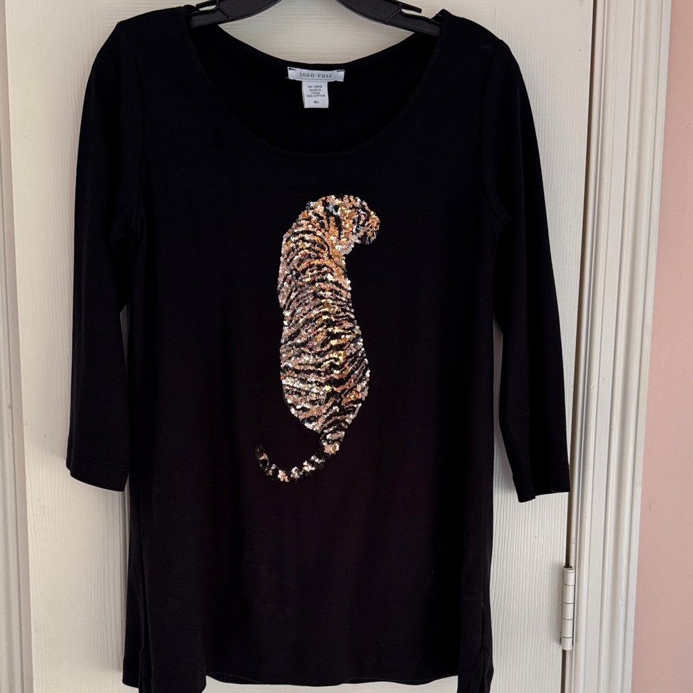 Joan Vass  3/4 sleeve Black Top with Sequin Tiger Design. Gorgeous